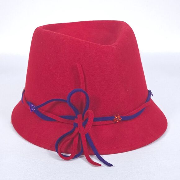 Something Special Cloche Fedora Wool Hat Red Purple Bow Beaded Flower Grannycore - Picture 1 of 9